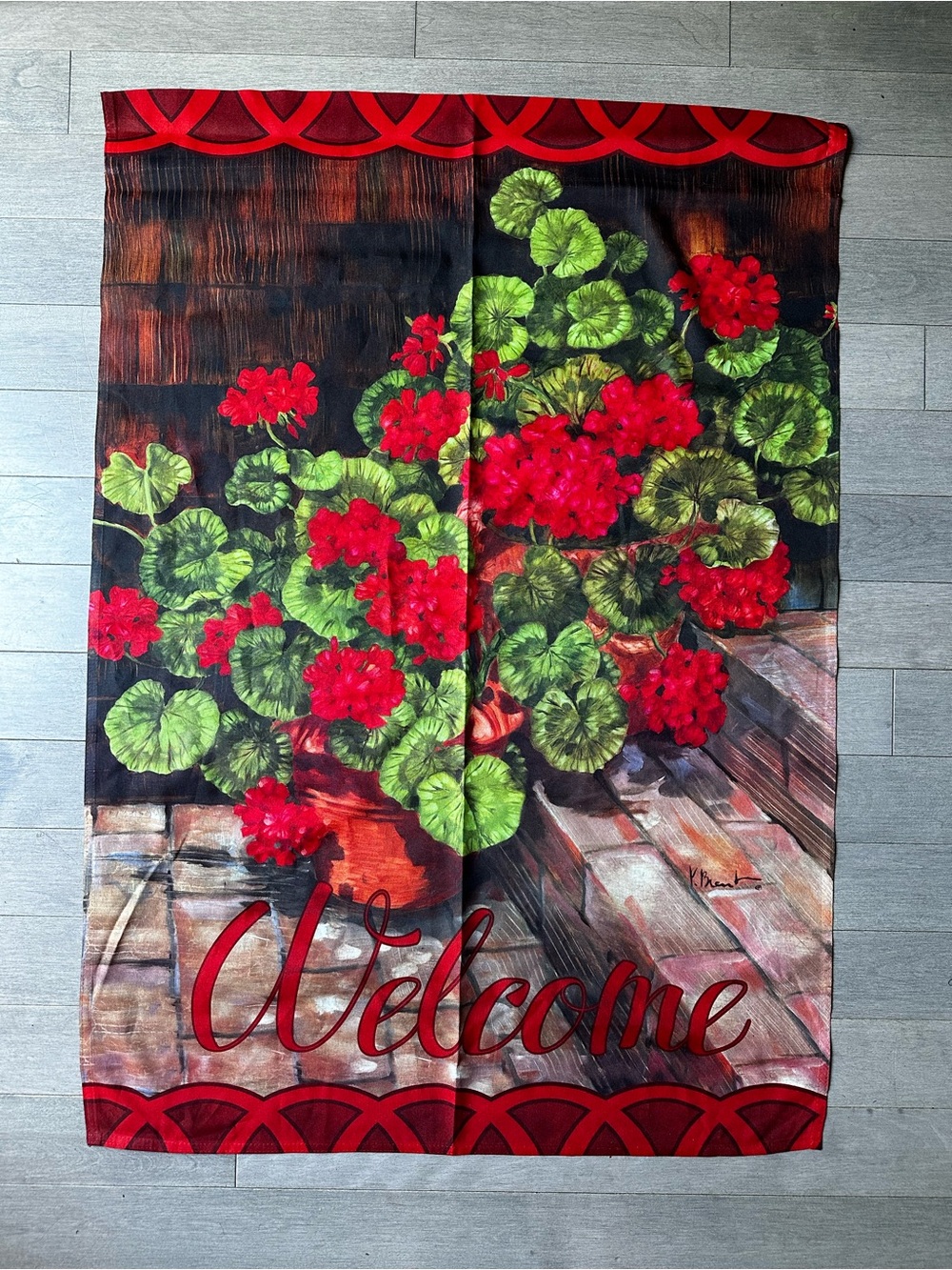 WELCOME Greeting Red Floral Outdoor Hanging House Flag 38x27.5” Spring Summer